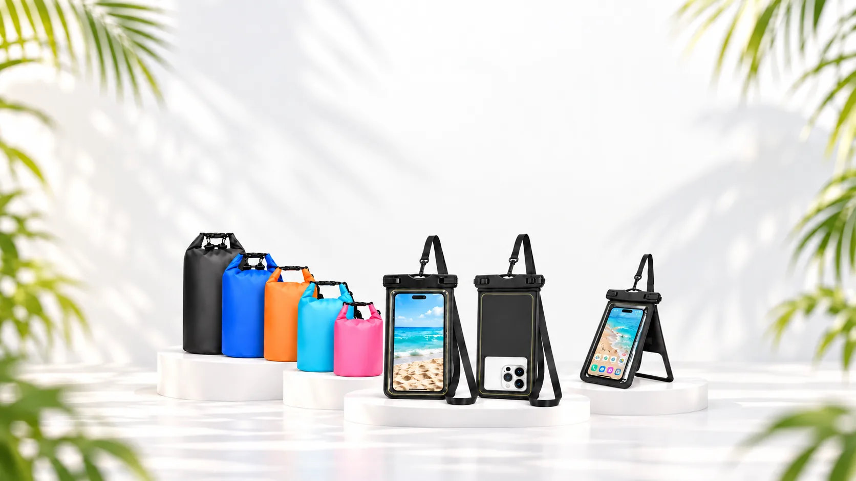 Custom waterproof outdoor dry bags and phone pouches on tropical exhibition podium