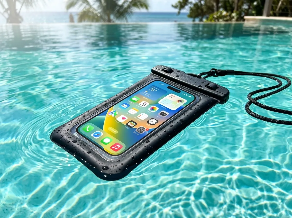 Floating waterproof phone pouch on clear tropical water